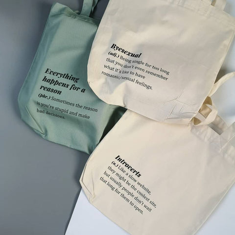 Túi tote custom in chữ  Everything happens for a reason ( xanh mint)