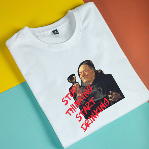 Áo thun unisex cotton in hình Stop thinking start drinking