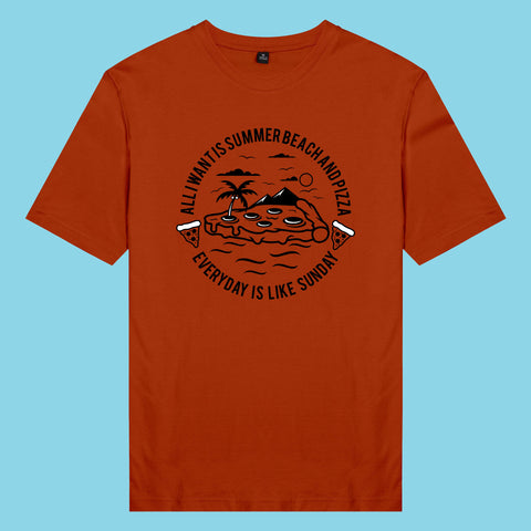 Áo thun unisex cotton 100% in hình Pizza Beach, Everyday is sunday (nhiều màu)