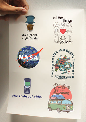 Set A4 sticker ủi lên áo, túi tote - Set 1