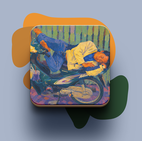 Sleeping Man on bike— Vietnam On Bike series Travel Coaster