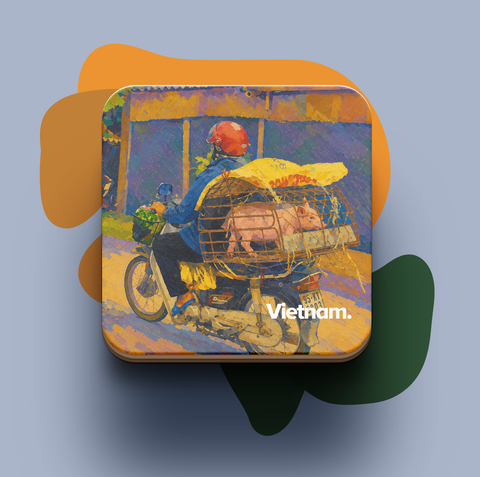 Pig on bike — Vietnam On Bike series Travel Coaster