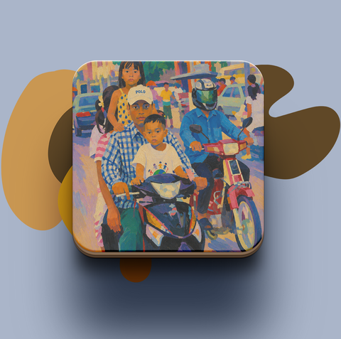 Family on bike — Vietnam On Bike series Travel Coaster