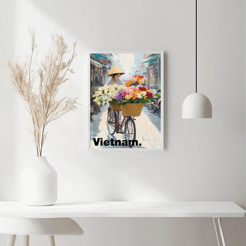 Tranh poster khổ A3 giấy mỹ thuật in hình Du lịch Vietnam - flower bike vendor