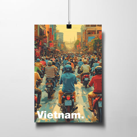 Tranh poster khổ A3 giấy mỹ thuật in hình Du lịch Vietnam - Saigon Traffic Rush hour