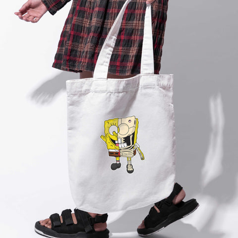 Túi tote vải in hình Half Skeleton - Sponge bob (nhiều màu)