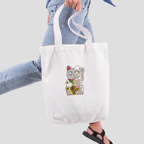 Túi tote vải in hình Half Skeleton - Lucky Cat (nhiều màu)