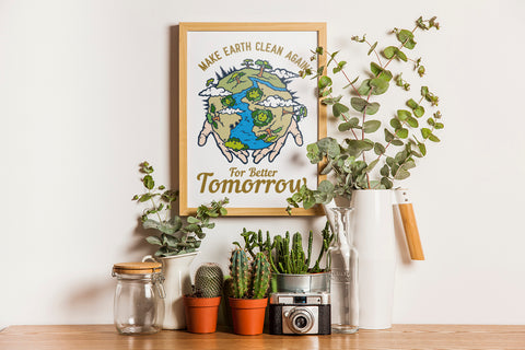 Tranh poster khổ A3 giấy mỹ thuật in hình Make Earth Clean Again