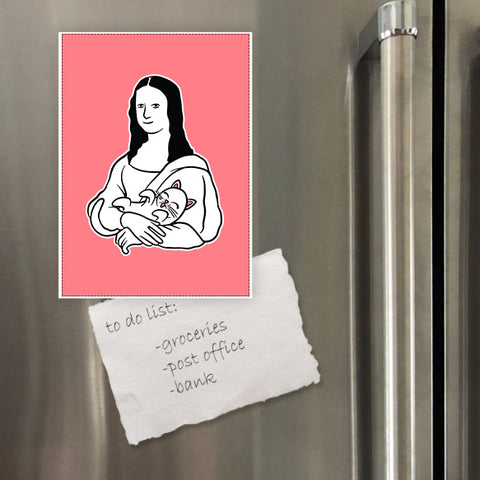 Miếng hít tủ lạnh giữ note in hình Monalisa and cat