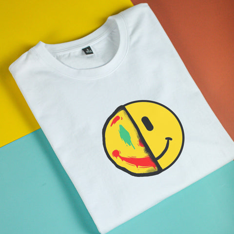 Áo thun unisex cotton in hình Fake Happy Face (nhiều màu)