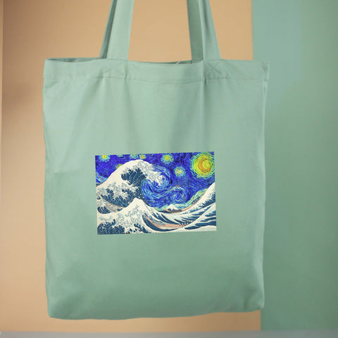 Túi tote vải in hình The Great Wave at Starry Night (nhiều màu)